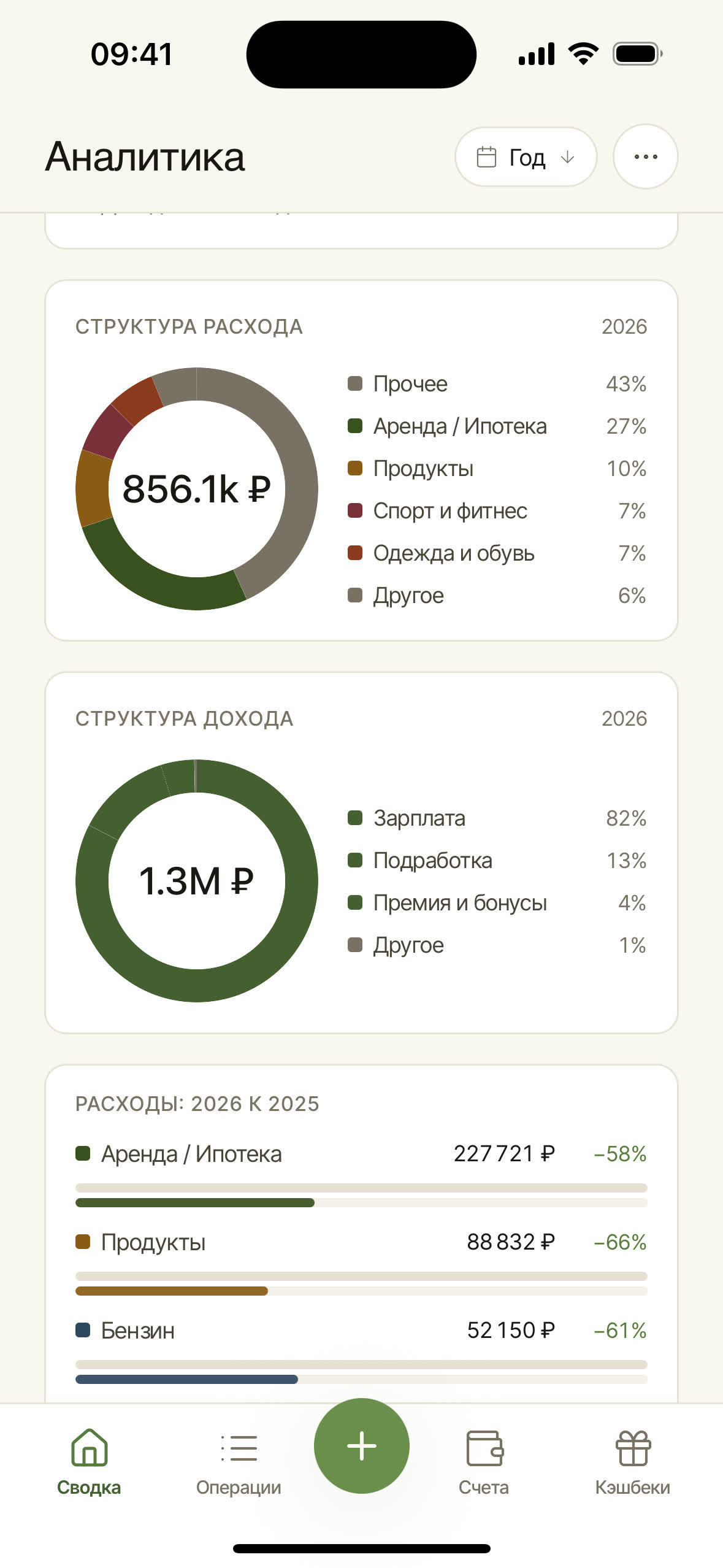 На телефоне структура расходов и доходов показана по категориям (разрез по контрагентам — на десктопе и в вебе).