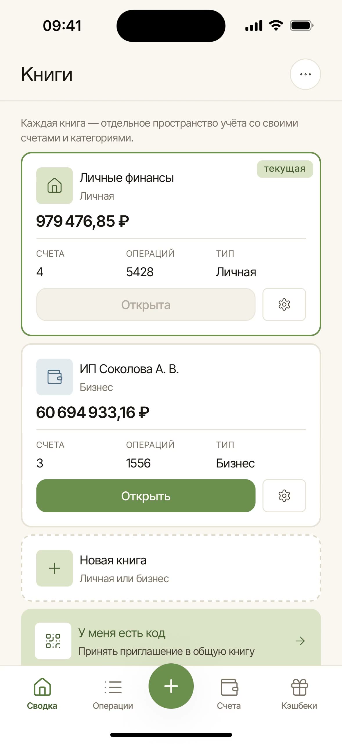 Книги на телефоне: личная и бизнес — балансы и число операций; открытие нужной книги.